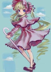  1girl ama-tou blonde_hair blue_eyes bonnet cane capelet commentary_request dress drill_hair expressionless full_body holding holding_cane lolita_fashion long_hair looking_at_viewer red_dress rozen_maiden shinku sketch sky solo twin_drills very_long_hair 