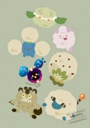  absurdres brown_eyes closed_mouth commentary_request cosmog cottonee eldegoss full_body galarian_meowth green_background highres jumpluff mareep no_humans orange_eyes pink_eyes pokemon pokemon_(creature) pokemon_focus sharp_teeth simple_background swirlix teeth tongue tongue_out yellow_eyes zozozoshion 