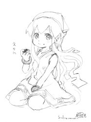  absurdres bare_arms bare_shoulders blush bracelet dress full_body hat highres holding ikamusume jewelry lineart looking_at_viewer monochrome reo_(salmomomon) seiza shinryaku!_ikamusume signature simple_background sitting sketch sleeveless sleeveless_dress smile solo squid_girl tentacle_hair tentacles traditional_media wariza white_background 