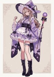  1girl apron black_boots blonde_hair boots border bow bow_choker brown_background choker commentary_request dress_bow fold-over_collar frilled_apron frilled_boots frilled_choker frilled_hat frilled_kimono frilled_skirt frilled_sleeves frilled_thigh_strap frills full_body hair_between_eyes hand_up hat hat_bow highres holding holding_wand japanese_clothes kimono kimono_skirt lace-up_boots large_hat light_blush long_hair looking_at_viewer obi obiage obijime okonogi_aya original ornate_border pink_lips purple_bow purple_kimono red_eyes sash short_kimono six_pointed_star skirt solo sparkle star_(symbol) star_print thigh_strap too_many too_many_frills waist_apron wand white_border wide_sleeves witch witch_hat 
