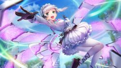  1girl \||/ black_bow black_gloves black_ribbon black_shoes blue_sky blurry blurry_background bow bowtie breasts brooch commentary day dutch_angle energy english_commentary eyelashes fighting_stance floating_hair foot_out_of_frame foreshortening frilled_skirt frills glint gloves green_eyes grey_hair hair_bow hairband heaven_burns_red highres jacket jewelry leg_ribbon light_particles lolita_fashion lolita_hairband long_sleeves looking_at_viewer mechanical_wings medium_breasts medium_hair official_art open_mouth outdoors outstretched_arm pantyhose petticoat purple_bow purple_bowtie ribbon ribbon-trimmed_sleeves ribbon_trim shoes skirt sky solo striped_bow striped_bowtie striped_clothes sugawara_chie suit_jacket teeth third-party_source twintails upper_teeth_only v-shaped_eyebrows white_jacket white_pantyhose white_skirt wings 