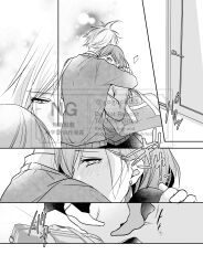  1boy 1girl arms_around_another's_back bag blush cloud_strife commentary_request couple earrings final_fantasy final_fantasy_vii from_side gogochi55 greyscale hetero highres hug indoors jewelry long_hair monochrome no_shoes pleated_skirt profile school_bag school_uniform short_hair shoulder_bag skirt spiky_hair sweater teardrop_earrings tifa_lockhart twitter_username watermark 