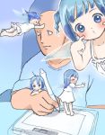  blue_eyes blue_hair blush fairy flying hug kicham minigirl minigirls short_hair stylus tablet wings 