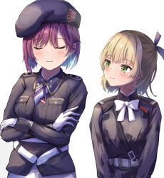  2girls bow bowtie brown_hair closed_eyes closed_mouth green_eyes hat heaven_burns_red highres looking_at_another military_hat military_rank_insignia military_uniform multiple_girls nanase_nanami_(heaven_burns_red) purple_hair short_hair simple_background tatika714 tezuka_saki white_background white_bow white_bowtie 