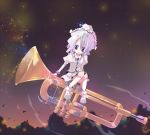  1girl :o ana_(rznuscrf) blue_eyes hat instrument lavender_hair looking_down merlin_prismriver minigirl musical_note purple_eyes short_hair sitting sitting_on_object solo touhou trumpet 