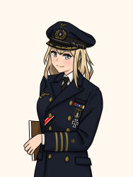  1girl absurdres black_hat black_necktie blue_coat blue_eyes blue_hat breast_pocket buttons closed_mouth coat cockade collared_shirt commentary cross double-breasted english_commentary folder haepi-l hat highres holding holding_folder iron_cross kriegsmarine lapels long_hair long_sleeves looking_at_viewer military military_coat military_dress_uniform military_hat military_uniform naval_dress_uniform naval_uniform necktie original peaked_cap pocket red_ribbon reichsadler ribbon ribbon_bar shirt simple_background solo star_(symbol) striped_sleeves two-tone_hat upper_body white_background white_shirt world_war_ii 