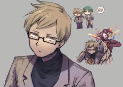  1girl 3boys absurdres argyle_clothes argyle_hat behind_another black_gloves black_pants blonde_hair blood blood_on_clothes blood_on_face brown_jacket cheek_poking chibi chibi_inset clenched_teeth closed_eyes clutching_head commentary_request confetti cup disposable_coffee_cup disposable_cup facial_hair feathered_wings flying_sweatdrops furrowed_brow glasses gloves green_eyes green_hair grey_background hands_on_own_head hat highres holding holding_cup jacket jester jester_cap lapels library_of_ruina mask multiple_boys mustache notched_lapels opaque_glasses oswald_(project_moon) pants parted_lips party_popper philip_(project_moon) poking project_moon rainbowmisosoup red_mask salvador_(project_moon) semi-rimless_eyewear short_hair smile speech_bubble streamers suit_jacket teeth turtleneck two-tone_mask very_short_hair waxen_pinion_(e.g.o) white_mask wings x_x yellow_eyes yuna_(project_moon) 