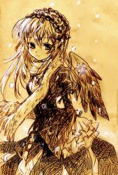  1girl ama-tou commentary_request dress graphite_(medium) hairband light_smile lolita_fashion lolita_hairband long_hair looking_at_viewer monochrome rozen_maiden scarf sepia sketch snow snowing solo suigintou traditional_media wings winter 