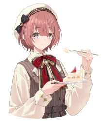  1girl absurdres amayui_moka amayui_moka_(2nd_costume) belt beret black_bow blunt_bangs bokuhakiyoshi bow bowtie brooch brown_belt brown_dress cake closed_mouth collared_shirt commentary_request dress food fork grey_eyes hat hat_bow highres holding holding_fork holding_plate jewelry long_sleeves pinafore_dress pink_hair pink_pupils pinstripe_dress pinstripe_pattern plate red_bow red_bowtie shirt short_hair simple_background sleeveless sleeveless_dress smile solo strawberry_shortcake upper_body virtual_youtuber vspo! white_background white_hat white_shirt 
