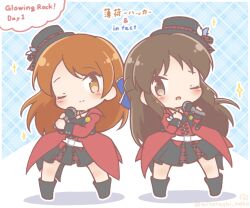 2girls ;) ;d argyle_background belt belt_buckle black_boots black_camisole black_hat black_skirt blue_background blush boots brown_eyes brown_hair buckle camisole closed_mouth commentary_request criss-cross_halter halterneck hat hojo_karen holding holding_microphone idolmaster idolmaster_cinderella_girls jacket long_hair microphone mitarashi_neko multiple_girls one_eye_closed outline plaid_background pleated_skirt red_jacket shadow skirt smile sparkle standing tachibana_arisu tilted_headwear translation_request two-tone_background very_long_hair white_background white_belt white_outline 