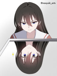  1girl absurdres azumanga_daioh azumanga_daioh's_school_uniform black_hair closed_mouth commentary_request different_reflection frown grey_background hair_between_eyes highres it's_all_a_matter_of_angle_(meme) long_hair looking_at_viewer meme mirror naoyuki_arts pink_shirt reflection sakaki_(azumanga_daioh) school_uniform shirt simple_background solo v-shaped_eyebrows violet_eyes 