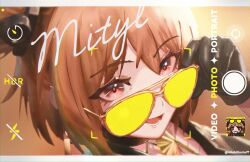  1girl artist_name black_gloves brown_hair commentary ear_ornament from_side girls'_frontline_2:_exilium girls_frontline gloves hair_bun hair_ornament highres holding holding_removed_eyewear looking_at_viewer michilinstuff mityl_(girls'_frontline_2) open_mouth red_eyes short_hair solo tinted_eyewear unworn_eyewear viewfinder yellow-tinted_eyewear 