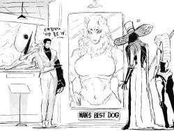  1girl 2boys absurdres art_gallery commentary faust_(project_moon) furry highres hong_lu_(project_moon) limbus_company mechanical_arms mechanical_legs meursault_(project_moon) monochrome multiple_boys painting_(object) project_moon ring_(identity)_(project_moon) the_g_(bhu204) the_pallid_whale untranslatable_commentary wolf_girl 