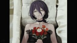  1girl black_choker black_dress blood blood_from_mouth bouquet chainsaw_man choker commentary dress english_commentary flower green_eyes grenade_pin hair_between_eyes highres holding holding_bouquet implied_death in_coffin my_chemical_romance nosebleed purple_hair red_flower red_rose reze_(chainsaw_man) rose solo three_cheers_for_sweet_revenge vaniste white_flower 