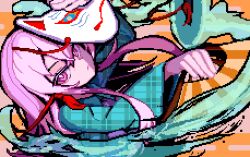  1girl brodall_pixel commentary_request egasumi folding_fan fox_mask green_shirt hand_fan hata_no_kokoro holding holding_fan long_hair long_sleeves looking_at_viewer mask mask_on_head pink_eyes pink_hair pixel_art plaid_clothes plaid_shirt shirt solo touhou upper_body wide_sleeves 