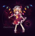  1girl ana_(rznuscrf) blonde_hair bobby_socks character_name flandre_scarlet gradient_hair hat laevatein mary_janes multicolored_hair outstretched_arms purple_eyes red_eyes shoes short_hair smile socks spread_arms touhou wings 