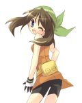  bag bandana blue_eyes brown_hair gloves haruka_(pokemon) odamaki_sapphire pokemon pokemon_special retei simple_background solo white_background wink 