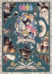  4boys 4girls absurdres agott_arklaum_(tongari_boushi_no_atelier) black_hair blonde_hair blue_eyes blue_hair brown_hair brushbuddy clenched_hand cloak coco_(tongari_boushi_no_atelier) commentary creature custas_(tongari_boushi_no_atelier) english_commentary glasses hat highres holding holding_pen ink multiple_boys multiple_girls official_alternate_costume olruggio_(tongari_boushi_no_atelier) pen pink_eyes pink_hair posymistic qifrey's_atelier_apprentice_uniform qifrey_(tongari_boushi_no_atelier) richeh_(tongari_boushi_no_atelier) tartah_(tongari_boushi_no_atelier) tetia_(tongari_boushi_no_atelier) tongari_boushi_no_atelier v violet_eyes white_hair witch_hat wizard_hat yellow_eyes 