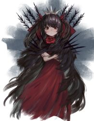  1girl black_cloak black_hair black_souls black_souls_2 bow bow_hairband breasts cloak crossed_arms dress flower fur_cloak fur_trim hairband highres lorina_(black_souls) lorina_liddell_(black_souls) queen red_bow red_dress red_eyes red_flower red_rose ropeperson rose small_breasts spikes twintails white_background 