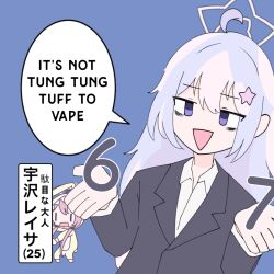  2girls 67_(meme) aged_up ahoge alternate_costume bags_under_eyes black_jacket black_suit blue_archive blue_hair collared_shirt english_text hair_ornament halo jacket kokoyukich. koyuki_(blue_archive) koyuki_(pajamas)_(blue_archive) lapels layered_sleeves long_hair long_sleeves low_twintails meme multicolored_hair multiple_girls notched_lapels official_alternate_costume onesie pajamas pink_hair purple_hair reisa_(blue_archive) shirt speech_bubble star_(symbol) star_hair_ornament suit suit_jacket translated triangle_mouth twintails two-tone_hair violet_eyes white_shirt yellow_pajamas 
