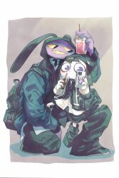  1boy 1girl absurdres animal_ears backpack bag beanie black_hair black_hat black_hoodie black_pants blue_eyes blue_jacket colored_sclera colored_skin colored_teeth commentary_request drink drinking_straw furry furry_male hat highres holding holding_drink holding_phone hood hood_up hoodie jacket jax_(the_amazing_digital_circus) kanu_(munoou00) korean_commentary multicolored_eyes pants phone pomni_(the_amazing_digital_circus) rabbit_boy rabbit_ears red_eyes the_amazing_digital_circus two-tone_eyes white_skin yellow_sclera yellow_teeth 