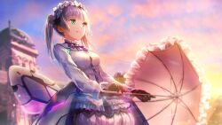  1girl black_gloves blunt_bangs blunt_ends blurry blurry_background bow bowtie breasts brooch commentary cowboy_shot depth_of_field english_commentary eyelashes frilled_umbrella frills gloves green_eyes grey_hair hairband heaven_burns_red highres hime_cut holding holding_umbrella jacket jewelry lolita_fashion lolita_hairband long_sleeves looking_to_the_side mechanical_wings medium_breasts medium_hair official_art outdoors parasol parted_lips pink_umbrella purple_bow purple_bowtie ribbon-trimmed_sleeves ribbon_trim sidelighting sidelocks smile solo straight_hair striped_bow striped_bowtie striped_clothes sugawara_chie suit_jacket sunset third-party_source twintails umbrella white_jacket wings 