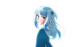  1girl bloom blue_eyes blue_hoodie blue_streaks closed_mouth commentary ddolbang floating_hair gawr_gura gawr_gura_(1st_costume) hair_ornament highres hololive hololive_english hood hood_down hoodie light_blush long_hair looking_at_viewer looking_back multicolored_hair shark_hair_ornament sidelocks smile solo streaked_hair swept_bangs two-tone_hair two_side_up upper_body virtual_youtuber white_background white_hair 