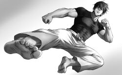  1boy absurdres barefoot c_(pixiv_63531865) chinese_commentary clenched_hand commentary_request compression_shirt covered_pectorals flying_kick full_body fushiguro_toji grey_background greyscale highres jujutsu_kaisen kicking male_focus monochrome pants pectorals scar scar_on_face scar_on_mouth short_hair soles solo toenails toes 