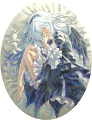  1girl ama-tou barefoot black_dress black_wings closed_eyes commentary_request doll_joints dress feathered_wings fetal_position full_body hair_spread_out joints lolita_fashion long_hair lying on_side painting_(medium) rozen_maiden sleeping solo stuffed_animal stuffed_rabbit stuffed_toy suigintou traditional_media white_hair wings 