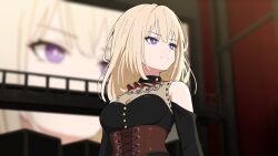  1girl bang_dream! bang_dream!_it's_mygo!!!!! bare_shoulders blonde_hair blurry blurry_background breasts chain's closed_mouth clothing_cutout commentary corset doloris_(bang_dream!) english_commentary highres indoors looking_ahead medium_breasts medium_hair misumi_uika screen shoulder_cutout smile solo stage textless_version upper_body violet_eyes 