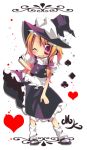  1girl :d ana_(rznuscrf) bow braid hair_bow hand_on_hip hat heart kirisame_marisa long_hair loose_socks mary_janes open_mouth red_eyes shoes side_braid smile socks solo standing touhou wink witch_hat 