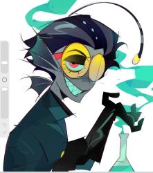  1boy :d adjusting_clothes adjusting_gloves anglerfish_boy art_program_in_frame baxter_(hazbin_hotel) black_eyeshadow black_gloves black_hair blue_jacket blue_sclera blue_teeth buttons chinese_commentary colored_sclera colored_skin colored_teeth commentary_request elbow_gloves erlenmeyer_flask eyeshadow fewer_digits fins flask freckles from_side glasses gloves goggles goodfolk2 grey_skin grey_streaks grin hair_behind_ear hand_up hazbin_hotel head_fins hellaverse highres jacket jitome long_sleeves looking_at_viewer lower_eyelashes_only makeup male_focus multicolored_hair no_nose opaque_glasses partially_opaque_glasses procreate_(software) red-framed_eyewear red_eyes round_eyewear sharp_teeth short_hair simple_background smile solo streaked_hair teeth thick_eyebrows tinted_eyewear turtleneck turtleneck_jacket upper_body v-shaped_eyebrows very_short_hair white_background yellow-tinted_eyewear 