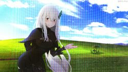  1girl absurdres black_capelet black_dress bliss_(image) breasts bug butterfly butterfly_hair_ornament capelet closed_mouth colored_eyelashes commentary dire_illus dress echidna_(re:zero) english_text green_butterfly hair_between_eyes hair_ornament hand_up highres leaning_forward long_hair long_sleeves looking_at_viewer microsoft_windows monitor re:zero_kara_hajimeru_isekai_seikatsu small_breasts smile solo striped_clothes striped_dress table vertical-striped_clothes vertical-striped_dress very_long_hair white_eyelashes white_hair windows_xp 