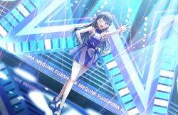  1girl ;d arm_up bare_shoulders breasts character_name dress dutch_angle fujishima_megumi game_asset half_updo hand_on_own_hip highres holding holding_microphone laser link!_like!_love_live! looking_at_viewer love_live! medium_breasts microphone non-web_source official_alternate_costume official_art one_eye_closed open_hand open_mouth purple_dress self-datamine sleeveless sleeveless_dress smile solo stage violet_eyes virtual_youtuber 