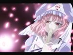  cherry_blossoms closed_fan covering_mouth fan folding_fan hat pink_hair saigyouji_yuyuko shion_(pixiv) touhou yuasa_shion 
