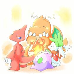  annoyed bandana bandana_around_neck blue_eyes blush_stickers charmeleon claws closed_mouth commentary_request dragonite fire flame-tipped_tail full_body goomy highres kinakomochi_(kazuna922) no_humans pokemon pokemon_(creature) shaymin shaymin_(sky) sweatdrop tail warming_hands 