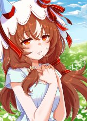  1girl animal_ears blue_sky blush brown_hair clouds cloudy_sky commentary_request day dress hair_between_eyes hair_ribbon hands_on_own_chest happy_birthday highres horse_ears horse_girl long_hair multicolored_hair neru_ika outdoors red_eyes ribbon sky smile solo still_in_love_(umamusume) streaked_hair umamusume veil white_dress white_streaks white_veil 