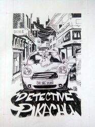  1boy artist_logo cafe car cat cityscape commentary copyright_name dated detective detective_pikachu_(character) detective_pikachu_(movie) detective_pikachu_(series) english_commentary full_body hat highres holding holding_magnifying_glass logo looking_at_viewer magnifying_glass monochrome motor_vehicle on_car open_mouth paper_background pikachu poch4n pokemon road solo standing street taxi trash_bag trash_can 
