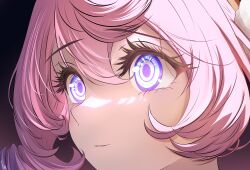 1girl absurdres abysssian commentary dark_background drill_hair eye_focus hair_between_eyes highres honkai:_star_rail honkai_(series) hyacine_(honkai:_star_rail) looking_to_the_side parted_lips pink_hair short_hair signature simple_background solo violet_eyes 