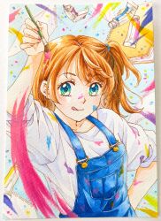  1girl :q arm_behind_back arm_up art_brush blue_overalls closed_mouth commentary_request green_eyes highres holding holding_paintbrush looking_at_viewer medium_hair morisawa_kyouko one_side_up orange_hair original overalls paint_on_body paint_on_clothes paint_splatter paint_tube paintbrush painting_(medium) paper shirt sketchbook sleeves_rolled_up smile solo tongue tongue_out traditional_media upper_body watercolor_(medium) white_shirt 
