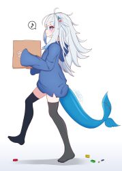  1girl absurdres alternate_costume black_thighhighs blue_eyes blue_hair blue_hoodie blush box closed_mouth commentary_request gawr_gura grey_hair hair_ornament highres holding holding_box hololive hololive_english hood hoodie impending_doom long_hair musical_note rei_(2812q) shark_hair_ornament solo spoken_musical_note thigh-highs virtual_youtuber white_background 