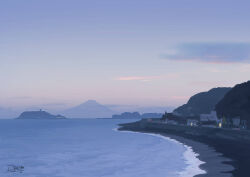  beach building commentary_request day evening highres house mountain no_humans ocean original pochi_(poti1990) road scenery shore town water 