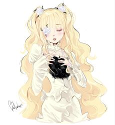  1girl blonde_hair blunt_bangs blush closed_eyes collar collarbone commentary corruption doll dress english_commentary flower flower_in_eye frilled_sleeves frills hair_flower hair_ornament hand_on_own_chest highres juliet_sleeves kirakishou lips lipstick long_hair long_sleeves m3lonbun makeup puffy_sleeves rozen_maiden sidelocks signature symbol_in_eye twintails very_long_hair white_dress 