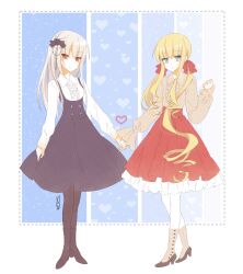  2girls alternate_costume alternate_hairstyle black_dress black_flower black_pantyhose black_ribbon black_rose black_shoes blonde_hair blue_eyes breasts brown_shirt brown_shoes buttons center_frills clenched_hand closed_mouth collared_shirt commentary_request cross dress drill_hair drill_sidelocks flower frilled_skirt frilled_sleeves frills full_body hair_ribbon hand_up heart high-waist_skirt high_heels highres holding_hands inverted_cross long_hair long_sleeves low_twintails multiple_girls pantyhose polka_dot polka_dot_dress puffy_long_sleeves puffy_sleeves red_eyes red_ribbon ribbon rose rozen_maiden saisat34 shinku shirt shirt_under_dress shoes sidelocks signature skirt small_breasts smile standing suigintou twintails white_hair white_shirt 