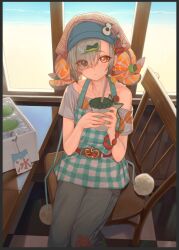  1girl apron belt bow bracelet checkered_floor copyright_request drink grey_hair hair_bow holding holding_drink jewelry looking_at_viewer naruto_maki_(naruto05) red_belt sitting window yellow_eyes 