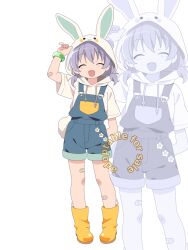  1girl animal_hood bandaid bangle bk_(barakoodra) blush boots bracelet child closed_eyes fang hood hood_up jewelry low_twintails mole mole_under_eye open_mouth original overall_shorts overalls purple_hair rabbit_hood rubber_boots short_twintails solo twintails zoom_layer 
