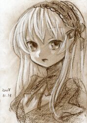  1girl ama-tou dress graphite_(medium) hairband lolita_hairband long_hair looking_at_viewer monochrome open_mouth rozen_maiden sepia sketch smile solo suigintou traditional_media upper_body 