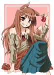  apple apples bare_shoulders brown_hair food fruit holding holding_fruit holo long_hair red_eyes spice_and_wolf tsukino_kitsune wolf_ears 
