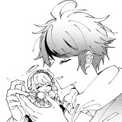  1boy 1girl angel angel_wings chibi chokokokyuchoko closed_eyes couple greyscale hair_between_eyes hair_ornament hairclip halo headband hetero highres holding holding_chibi hood hoodie jacket kirifuji_nozomi monochrome multiple_hair_clips skirt smile sparkle sumino_takumi tearing_up tears the_hundred_line_-last_defense_academy- wings 