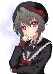  >:) 1girl 9-nine- absurdres alternate_costume arm_under_breasts ascot beret black_ascot black_dress black_hair black_hat black_sailor_collar bow bowtie center_frills clenched_hand closed_mouth collared_shirt commentary_request dress eyelashes fire_kotarou frilled_sailor_collar frilled_shirt frilled_sleeves frills hair_between_eyes hair_intakes hair_ornament hairclip hand_up hat hat_bow highres looking_at_viewer red_bow red_bowtie red_eyes sailor_collar sailor_dress shirt short_hair_with_long_locks simple_background sleeves_past_wrists smile smug solo upper_body v-shaped_eyebrows white_background white_shirt yuuki_noa 